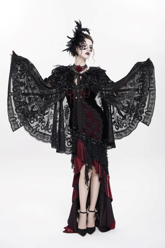 Romantischer Gothic-Kurzcape Lace Maiden Cape aus schwarzem, transparentem Samt mit Kapuze von Eva Lady