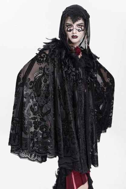 Romantischer Gothic-Kurzcape Lace Maiden Cape aus schwarzem, transparentem Samt mit Kapuze von Eva Lady