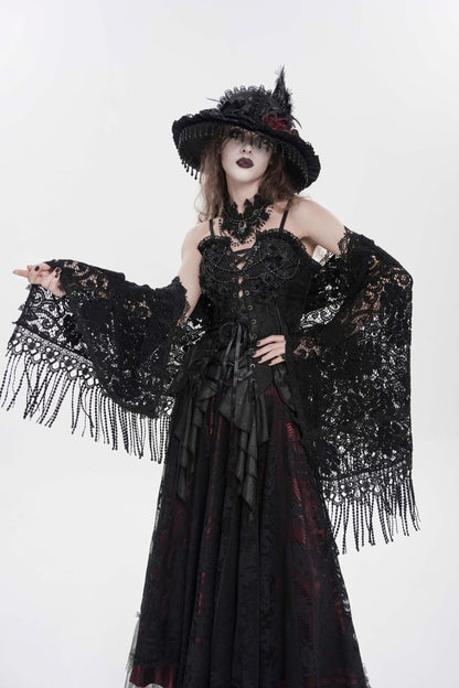 Schwarzes Spitzen-Schultertuch Miss Macabre Lace Shawl im Romantic-Gothic-Stil mit Fransenborte von Eva Lady
