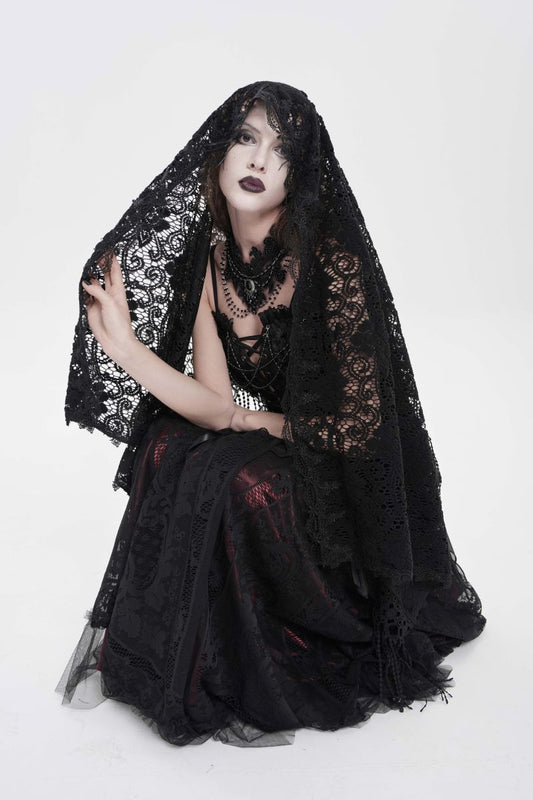 Schwarzes Spitzen-Schultertuch Miss Macabre Lace Shawl im Romantic-Gothic-Stil mit Fransenborte von Eva Lady