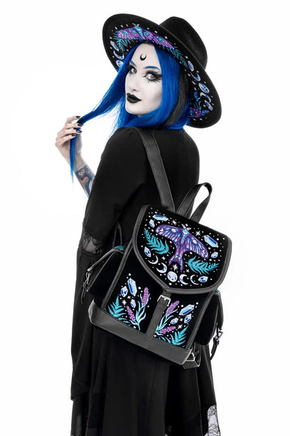 Schwarzer Rucksack ENCHANTED FOREST BACKPACK mit Mottenstickerei von Restyle