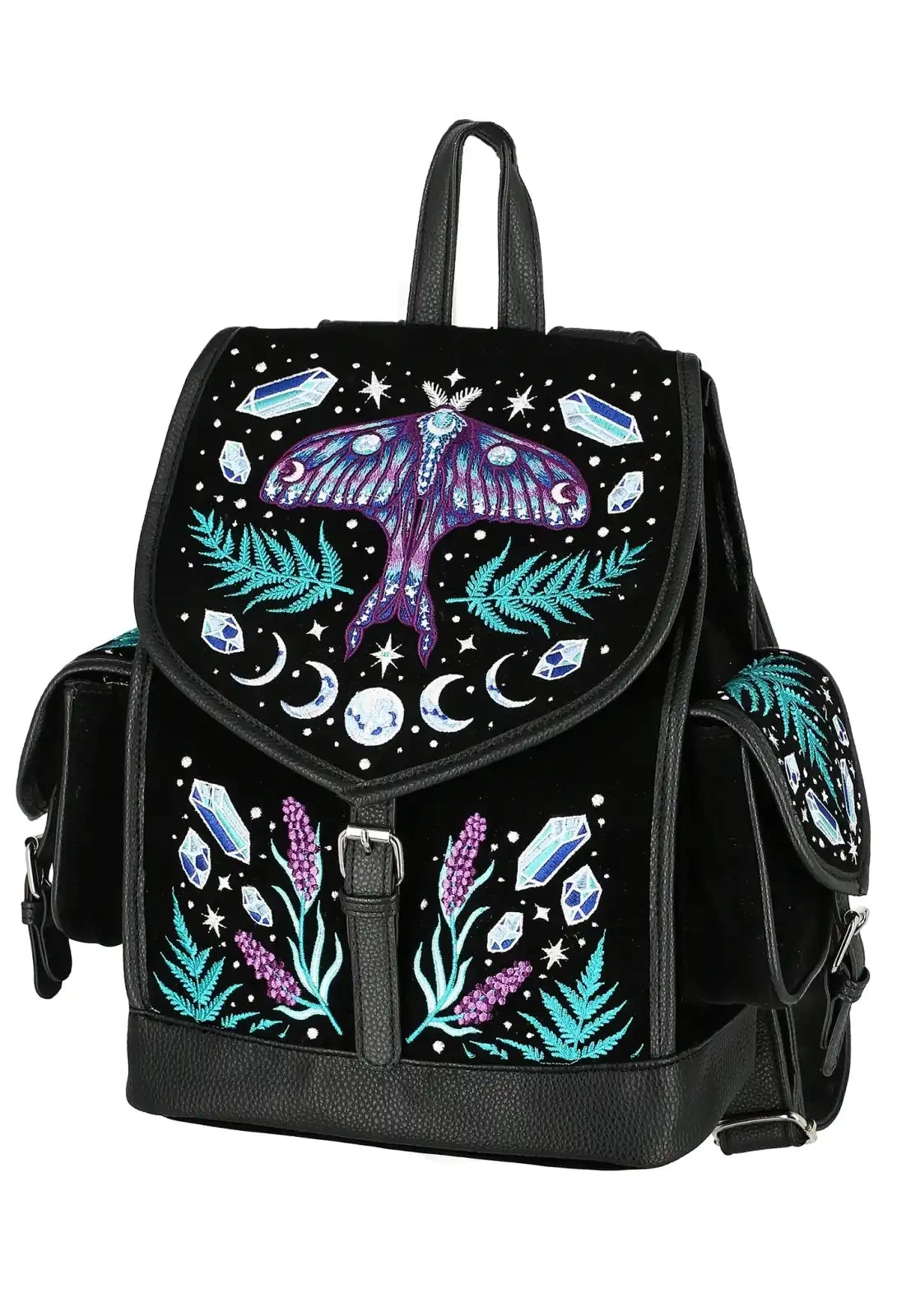 Schwarzer Rucksack ENCHANTED FOREST BACKPACK mit Mottenstickerei von Restyle