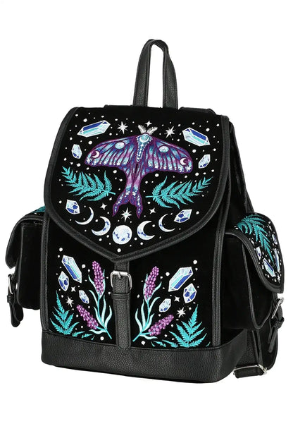 Schwarzer Rucksack ENCHANTED FOREST BACKPACK mit Mottenstickerei von Restyle