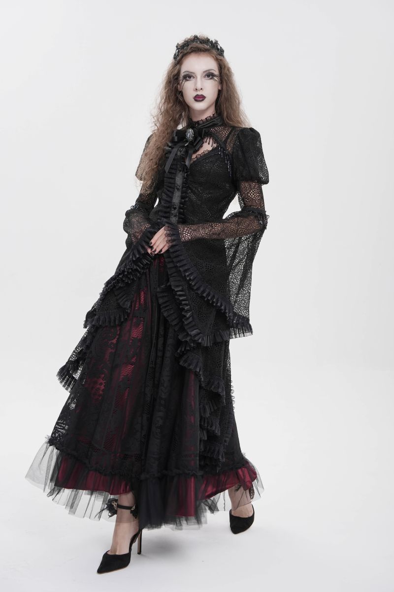Schwarzes Spitzenoberteil Mysticum Luna Shirt im romantischen Gothic-Stil mit langen, ausgestellten Ärmeln von Eva Lady
