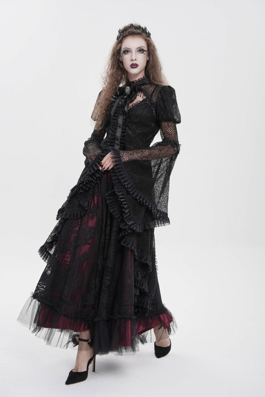 Schwarzes Spitzenoberteil Mysticum Luna Shirt im romantischen Gothic-Stil mit langen, ausgestellten Ärmeln von Eva Lady