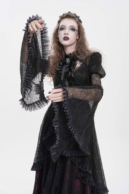 Schwarzes Spitzenoberteil Mysticum Luna Shirt im romantischen Gothic-Stil mit langen, ausgestellten Ärmeln von Eva Lady