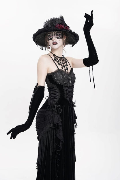 Romantisches, ärmelloses A-Linien-Kleid Gothic Spells Dress aus schwarzem Samt im Gothic-Stil mit Spitzen- und Brokatverzierungen sowie Schnürdetails von Eva Lady