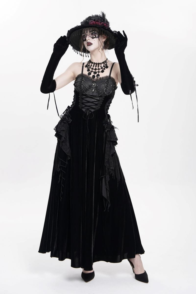 Romantisches, ärmelloses A-Linien-Kleid Gothic Spells Dress aus schwarzem Samt im Gothic-Stil mit Spitzen- und Brokatverzierungen sowie Schnürdetails von Eva Lady