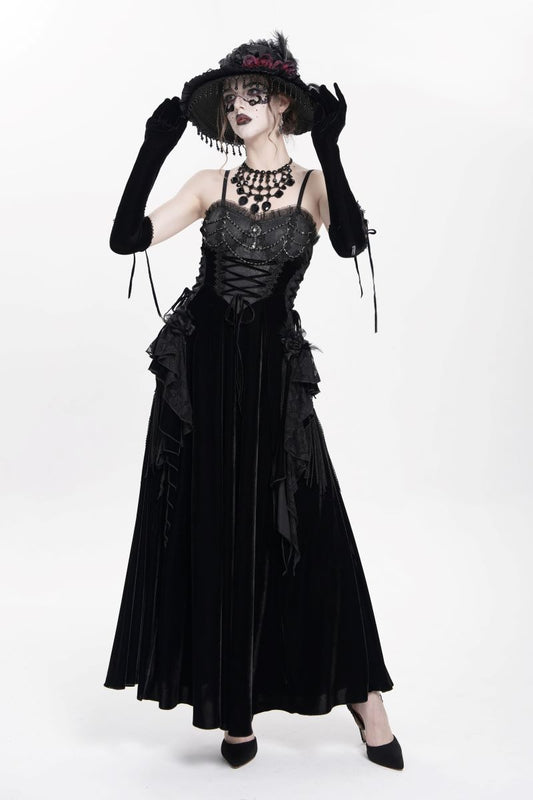 Romantisches, ärmelloses A-Linien-Kleid Gothic Spells Dress aus schwarzem Samt im Gothic-Stil mit Spitzen- und Brokatverzierungen sowie Schnürdetails von Eva Lady