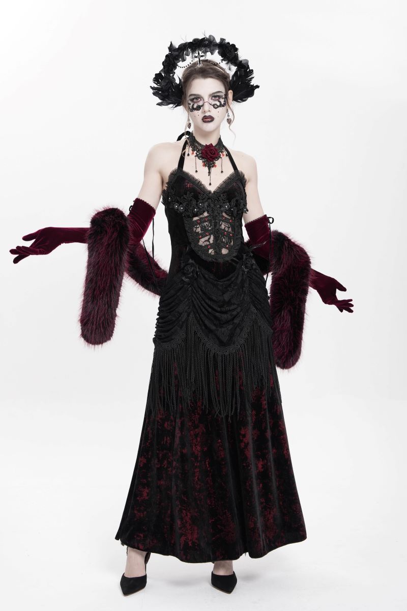 Schwarz-rotes Samtkleid Velvet Dominion Dress Red im Gothic-Stil mit Spitzen- und Brokatverzierungen von Eva Lady