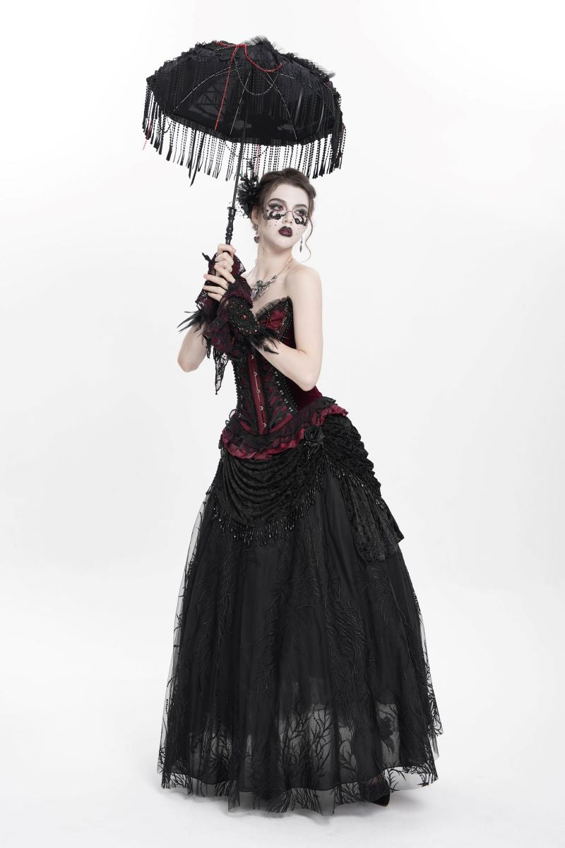 Romantischer Gothic-Rock Divine Darkness Skirt Black aus schwarzem, besticktem Tüll mit drapiertem Samtmuster und Stoffrosen von Eva Lady