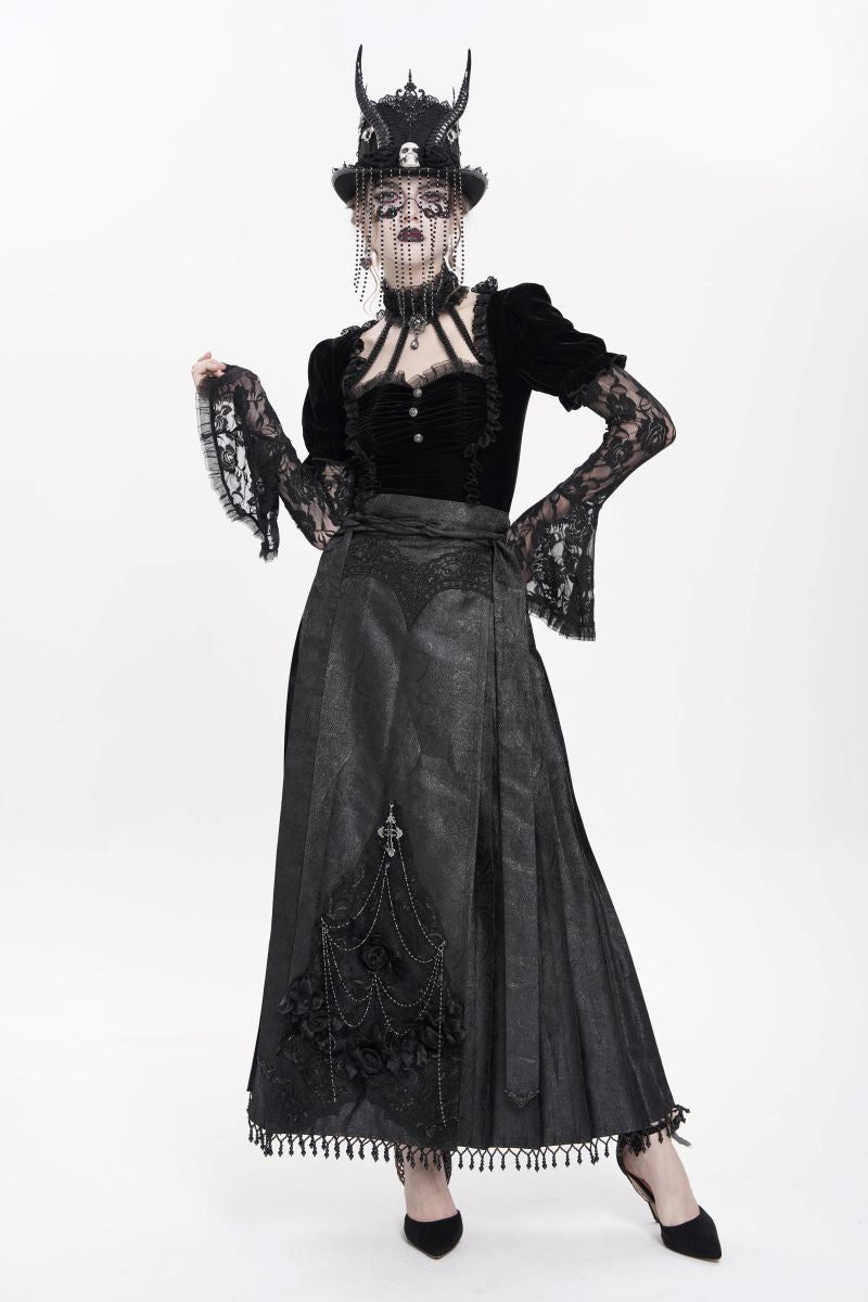 Romantischer Gothic-Rock Roses Rhapsody Skirt Black aus schwarzem Jacquard mit plissierten Seiten und Spitzenapplikationen von Eva Lady