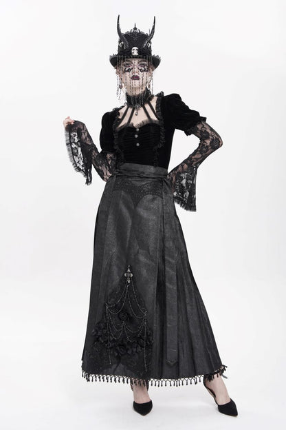 Romantischer Gothic-Rock Roses Rhapsody Skirt Black aus schwarzem Jacquard mit plissierten Seiten und Spitzenapplikationen von Eva Lady