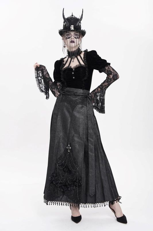Romantischer Gothic-Rock Roses Rhapsody Skirt Black aus schwarzem Jacquard mit plissierten Seiten und Spitzenapplikationen von Eva Lady