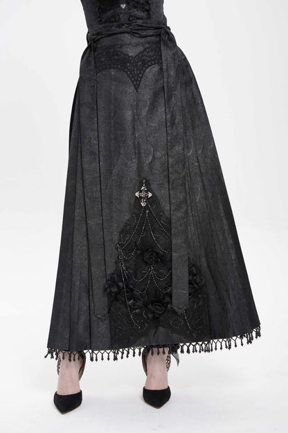 Romantischer Gothic-Rock Roses Rhapsody Skirt Black aus schwarzem Jacquard mit plissierten Seiten und Spitzenapplikationen von Eva Lady