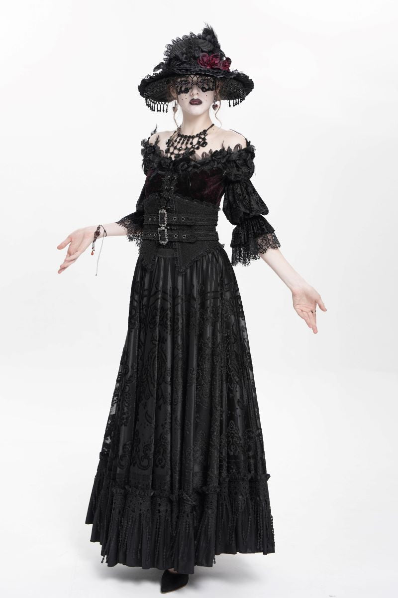 Viktorianisch-gotischer, langer Samtrock Black Moon Bride Skirt Black mit breiter, baskischer Taille von Eva Lady