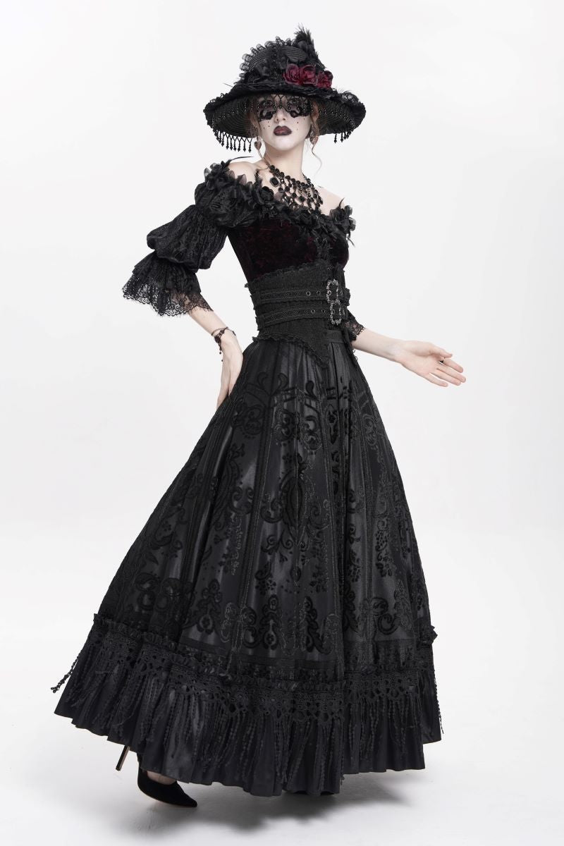Viktorianisch-gotischer, langer Samtrock Black Moon Bride Skirt Black mit breiter, baskischer Taille von Eva Lady
