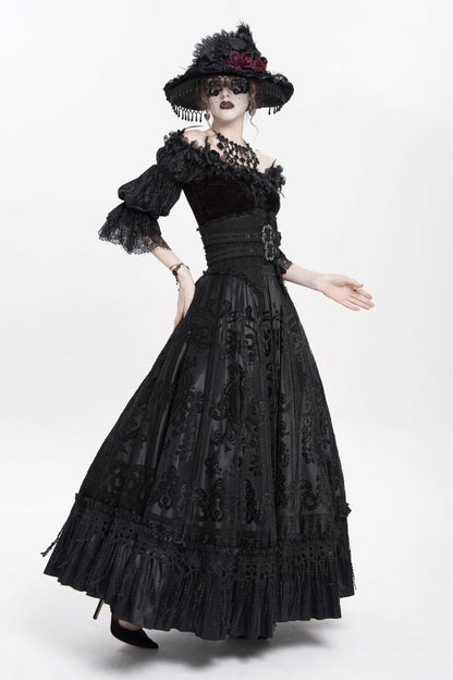 Viktorianisch-gotischer, langer Samtrock Black Moon Bride Skirt Black mit breiter, baskischer Taille von Eva Lady