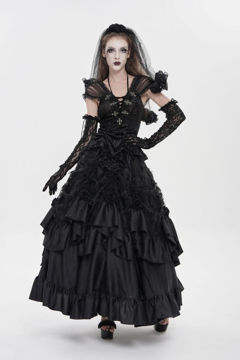Langer, mehrlagiger Rock Dark Majesty Skirt im viktorianischen Gothic-Stil aus schwarzem Satin mit Rüschensaum von Eva Lady