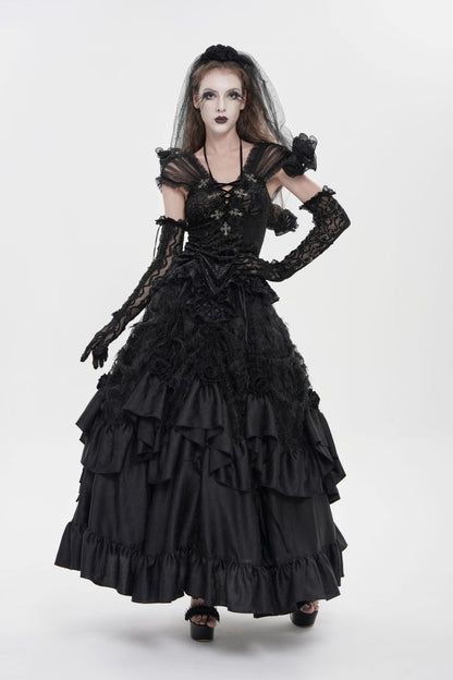 Langer, mehrlagiger Rock Dark Majesty Skirt im viktorianischen Gothic-Stil aus schwarzem Satin mit Rüschensaum von Eva Lady