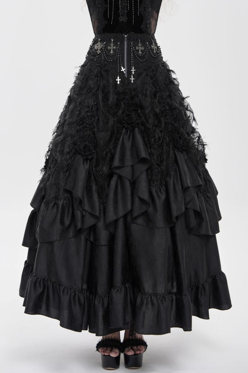 Langer, mehrlagiger Rock Dark Majesty Skirt im viktorianischen Gothic-Stil aus schwarzem Satin mit Rüschensaum von Eva Lady