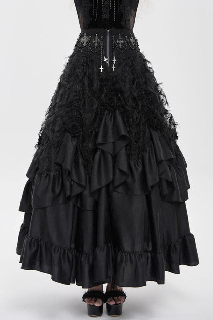 Langer, mehrlagiger Rock Dark Majesty Skirt im viktorianischen Gothic-Stil aus schwarzem Satin mit Rüschensaum von Eva Lady