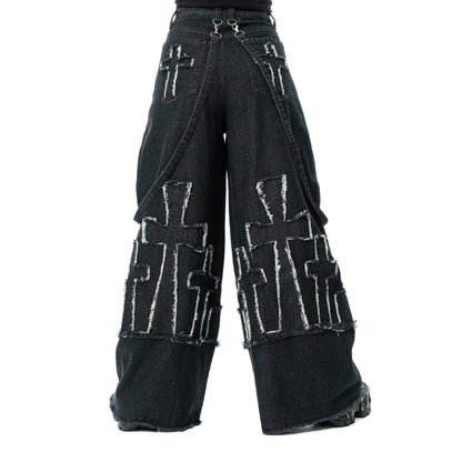 Schwarze Hose ETERNAL REST JEANS mit Kreuzelementen auf den Beinen von Heartless