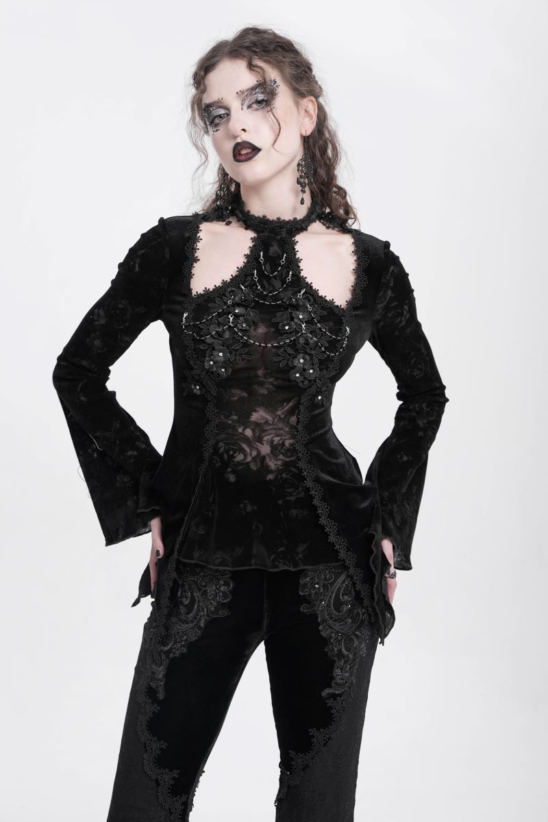 Schwarzes Oberteil Gothic Reverie Black Velvet Top mit Kettendetails und floralem Muster von Eva Lady