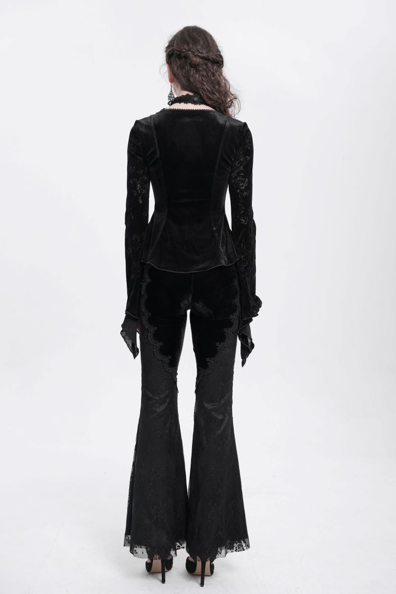 Schwarzes Oberteil Gothic Reverie Black Velvet Top mit Kettendetails und floralem Muster von Eva Lady