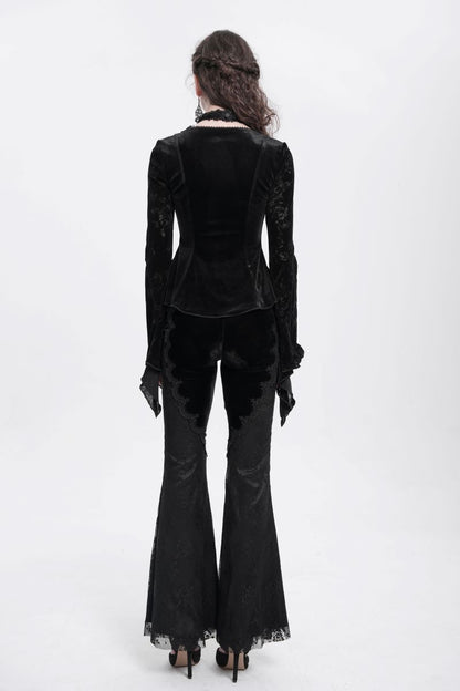 Schwarzes Oberteil Gothic Reverie Black Velvet Top mit Kettendetails und floralem Muster von Eva Lady