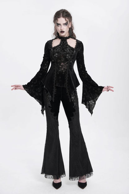 Schwarzes Oberteil Gothic Reverie Black Velvet Top mit Kettendetails und floralem Muster von Eva Lady