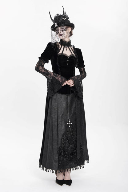 Schwarzes, tailliertes Samttop Velvet Dominion Top Black mit Juliet-Ärmeln aus Spitze von Punk Rave