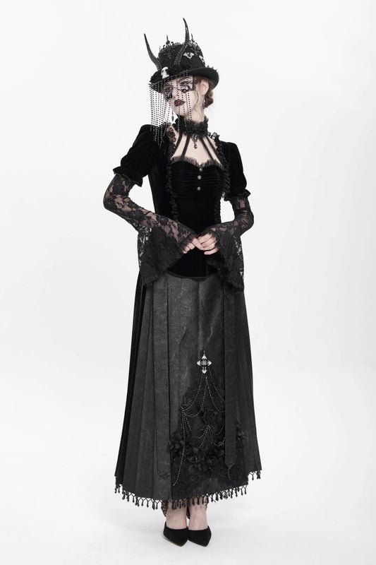 Schwarzes, tailliertes Samttop Velvet Dominion Top Black mit Juliet-Ärmeln aus Spitze von Punk Rave