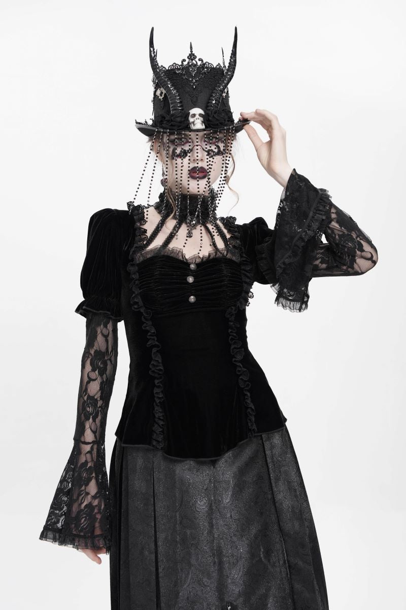 Schwarzes, tailliertes Samttop Velvet Dominion Top Black mit Juliet-Ärmeln aus Spitze von Punk Rave