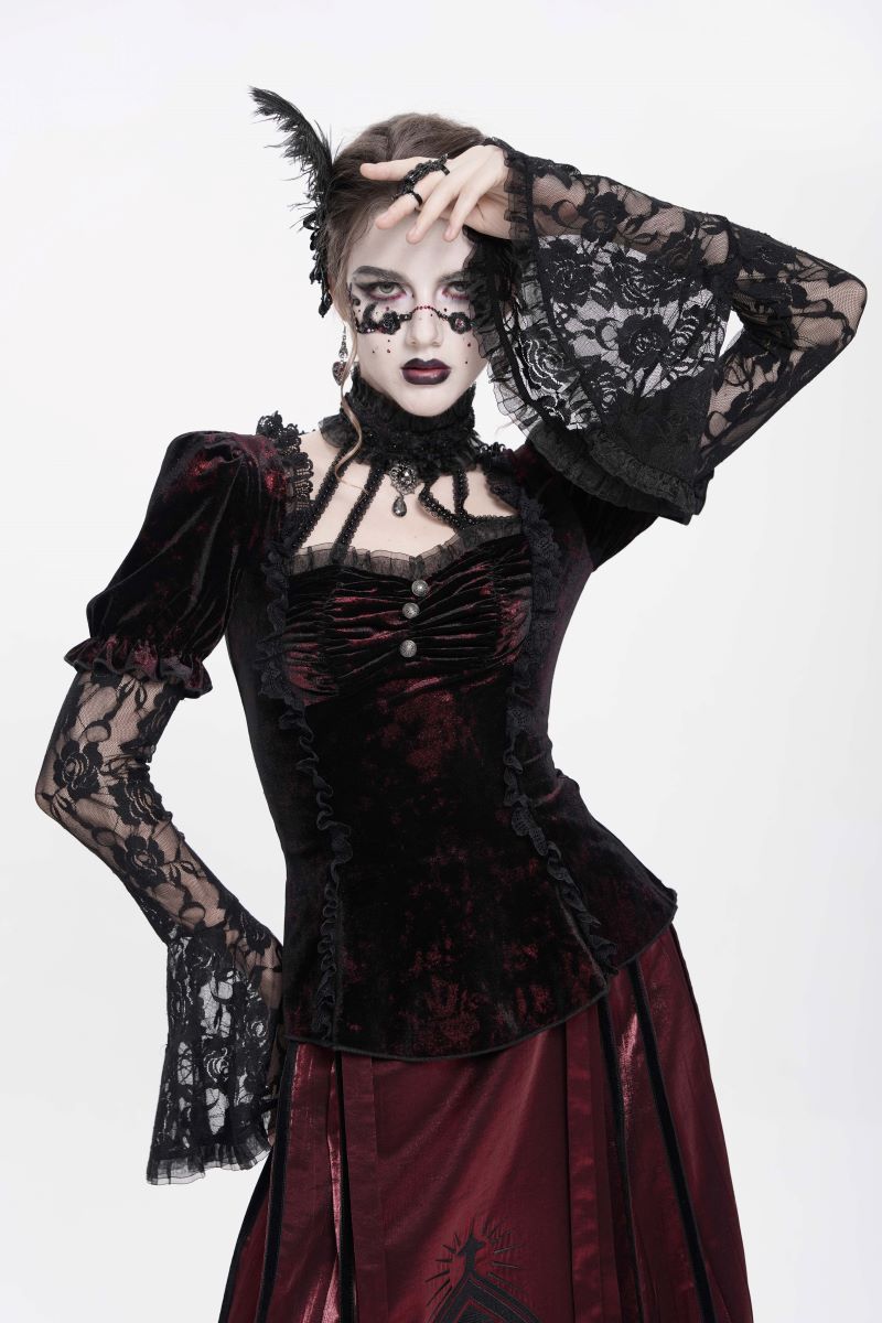 Schwarz-rotes, tailliertes Samttop Velvet Dominion Top Black mit Juliet-Ärmeln aus Spitze von Punk Rave