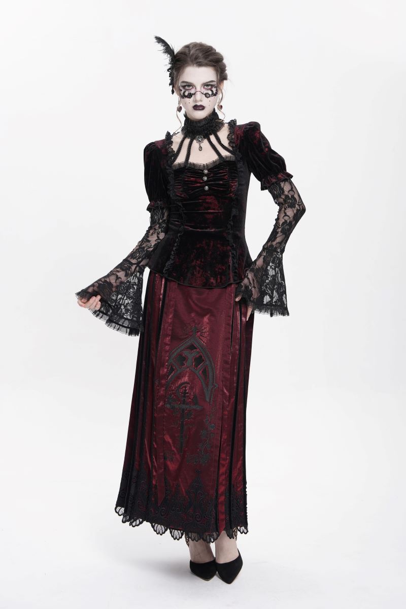 Schwarz-rotes, tailliertes Samttop Velvet Dominion Top Black mit Juliet-Ärmeln aus Spitze von Punk Rave