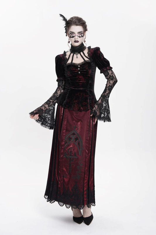 Schwarz-rotes, tailliertes Samttop Velvet Dominion Top Black mit Juliet-Ärmeln aus Spitze von Punk Rave