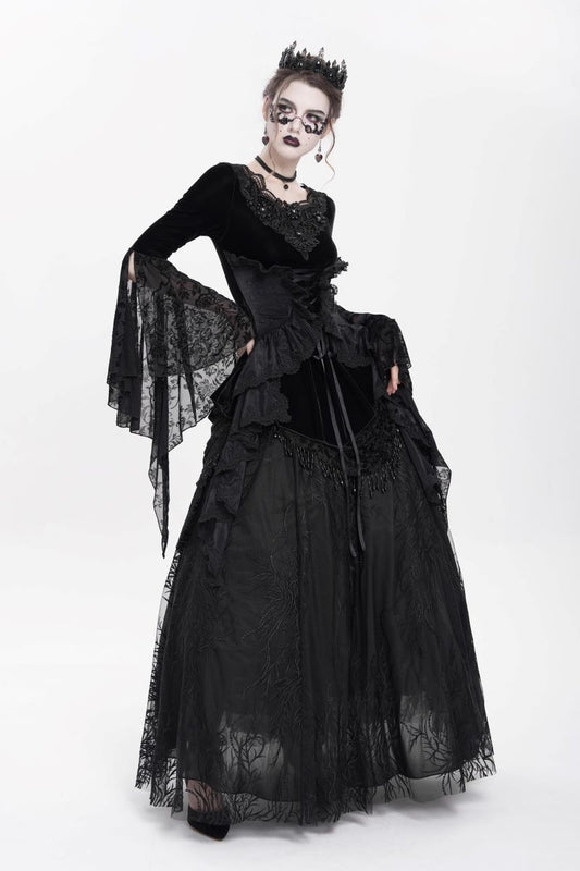 Schwarzes, tailliertes Samttop Lace Maiden Top Black mit dramatisch ausgestellten Ärmeln und Korsett-Details von Punk Rave