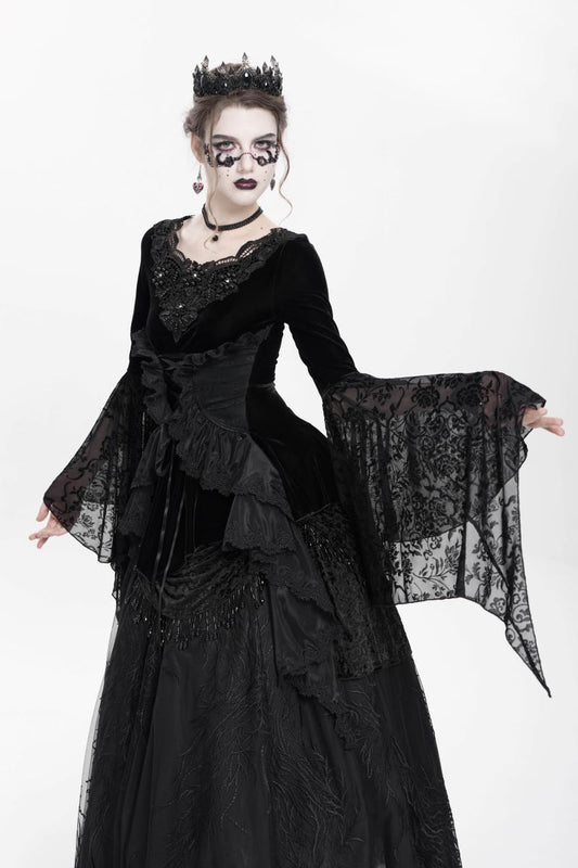 Schwarzes, tailliertes Samttop Lace Maiden Top Black mit dramatisch ausgestellten Ärmeln und Korsett-Details von Punk Rave