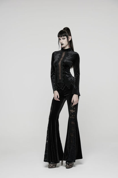 Schwarzes Langarmshirt Eclipse Initiate Black Velvet Top mit Meshelement von Punk Rave