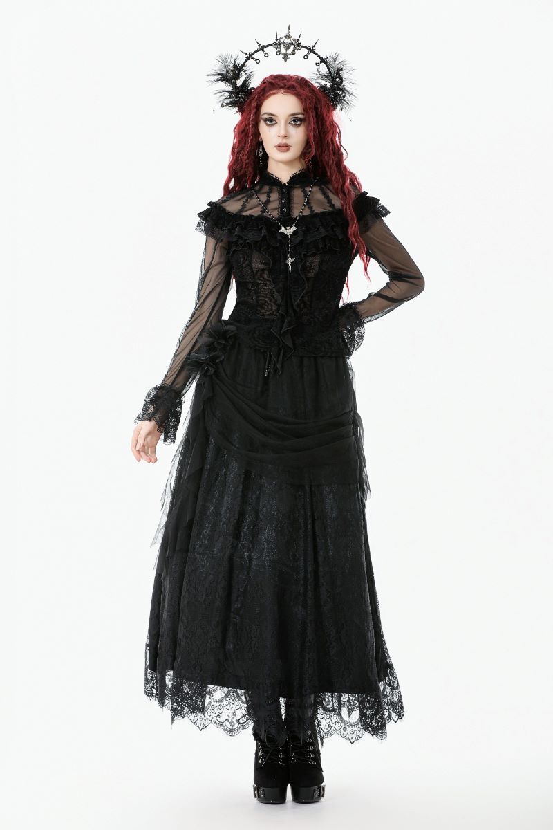 Schwarzes Shirt Eerie Shadow Gothic Shirt mit Netzelementen von Dark In Love