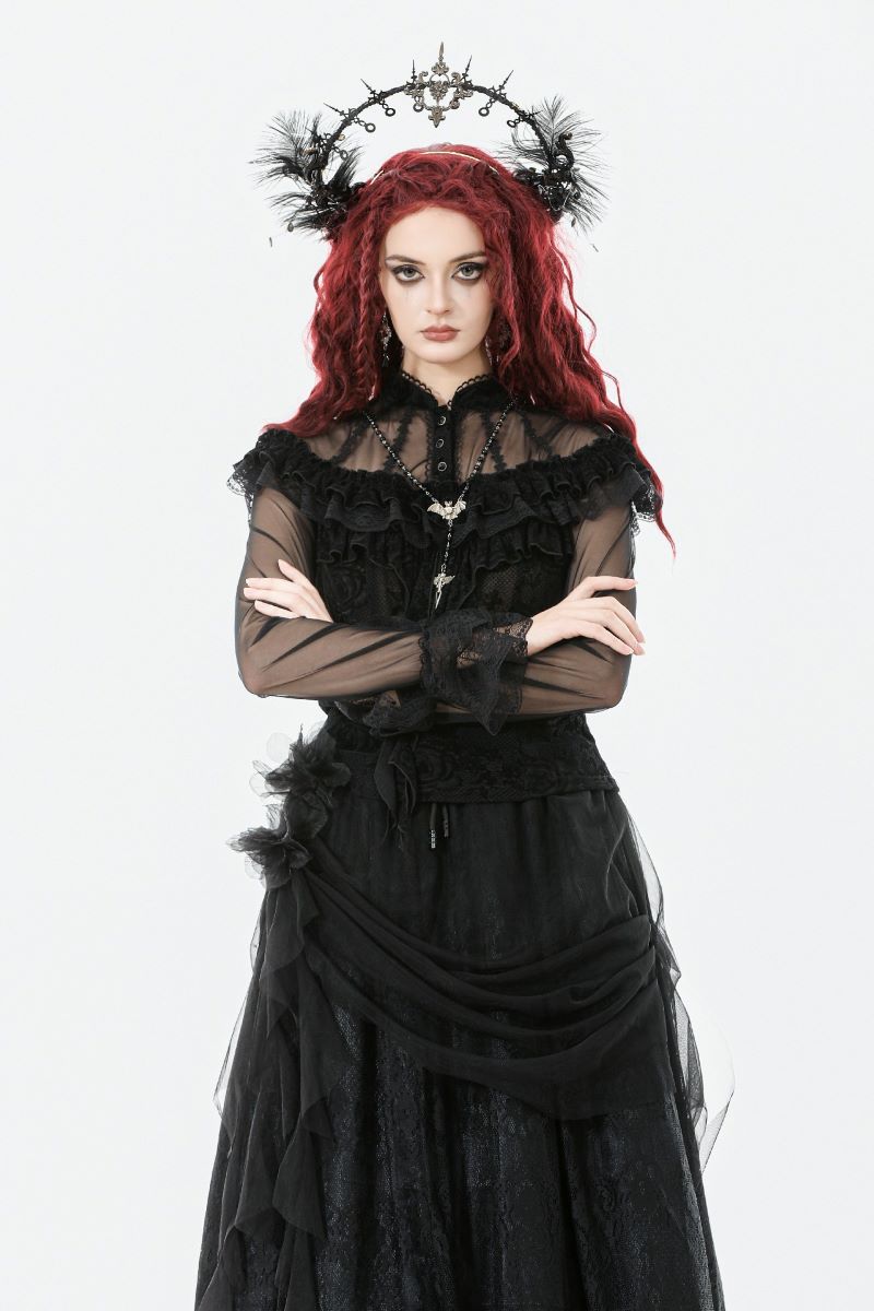 Schwarzes Shirt Eerie Shadow Gothic Shirt mit Netzelementen von Dark In Love