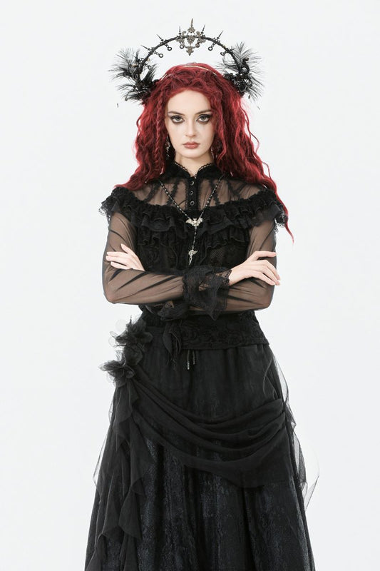 Schwarzes Shirt Eerie Shadow Gothic Shirt mit Netzelementen von Dark In Love