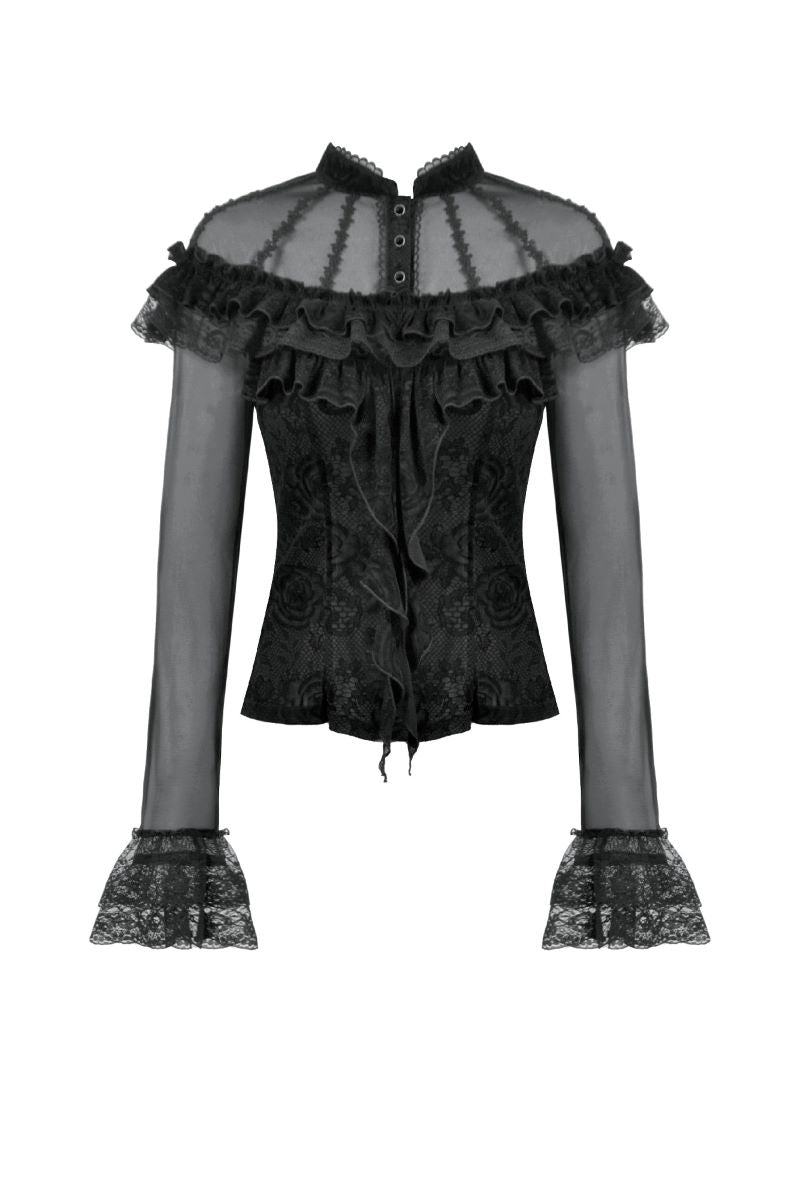 Schwarzes Shirt Eerie Shadow Gothic Shirt mit Netzelementen von Dark In Love