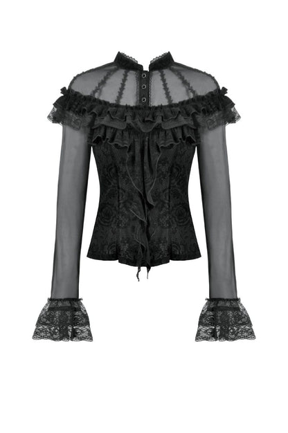 Schwarzes Shirt Eerie Shadow Gothic Shirt mit Netzelementen von Dark In Love