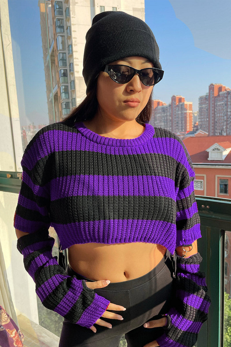 Schwarz-lila-gestreifter Pullover Purple Luna Sweater mit abnehmbaren Ärmeln von Moon Attic
