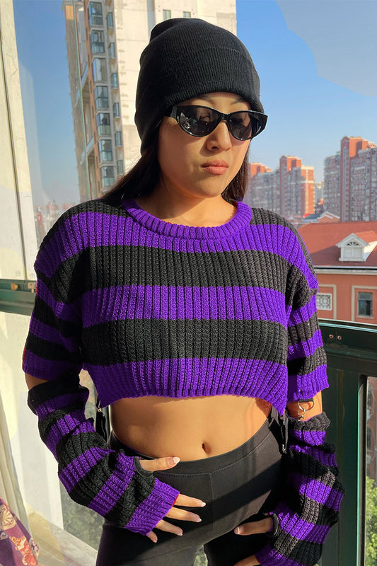 Schwarz-lila-gestreifter Pullover Purple Luna Sweater mit abnehmbaren Ärmeln von Moon Attic