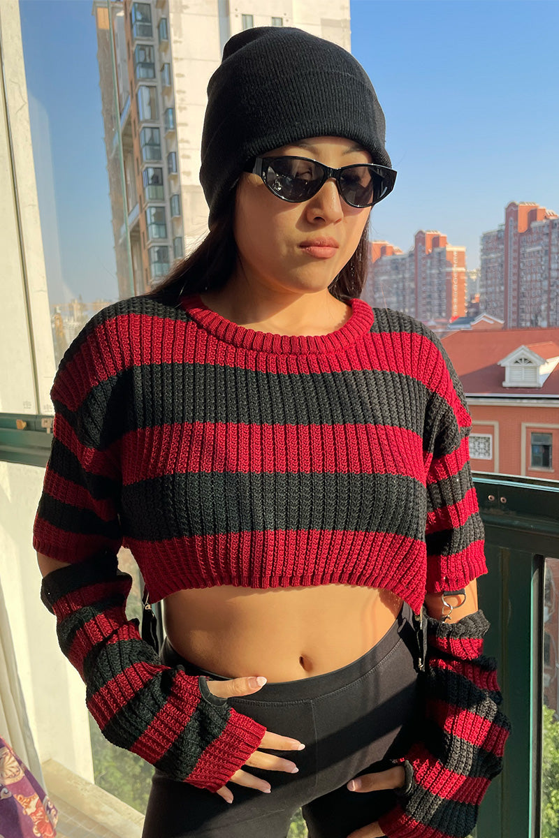 Schwarz-rot-gestreifter Pullover Red Luna Sweater mit abnehmbaren Ärmeln von Moon Attic