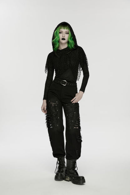 Schwarze Jeans Dark Tribe Trousers im Used-Look mit Netzeinsätzen und Nieten von Punk Rave