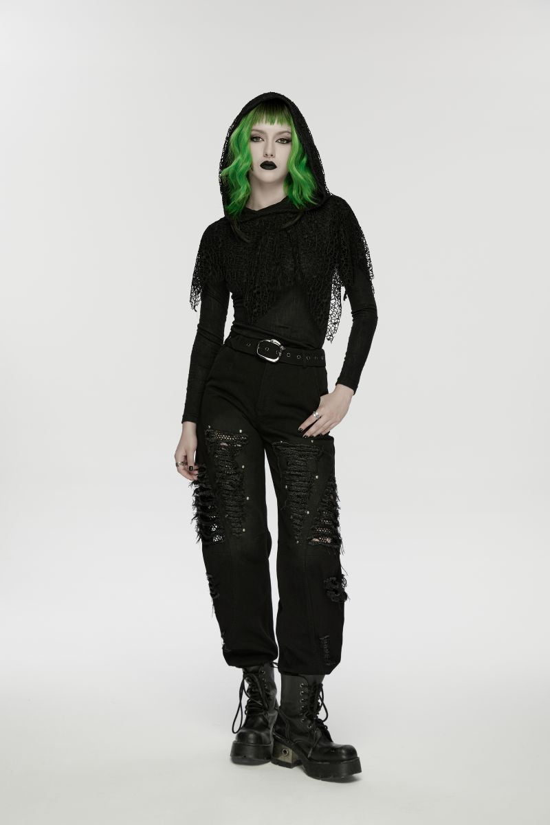 Schwarzes, langärmliges Oberteil Morbid Mesh Hooded Top mit Netzdetail und Kapuze von Punk Rave
